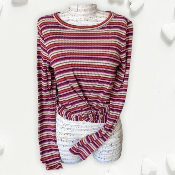 Ginger G Twist knot Ribbed knit Candy Striped Long sleeve Top NEW - Picture 2 of 9